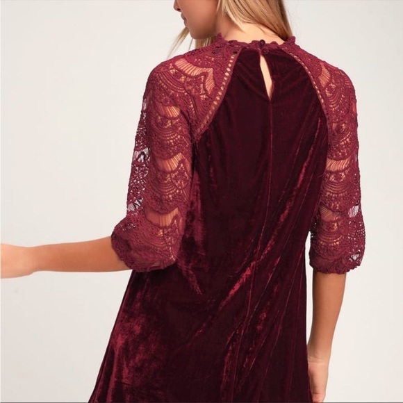 Lulu’s Love Me Always Burgundy Crocheted Lace Velvet Shift Dress - Picture 2 of 10